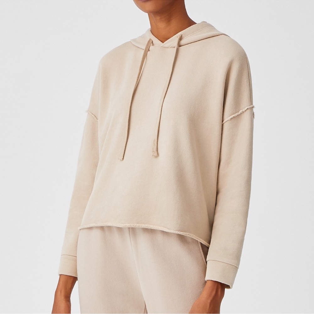 Eileen Fisher Organic Cotton Cropped Khaki Tan Raw Hem Lounge Hoodie Sweatshirt - Picture 1 of 10